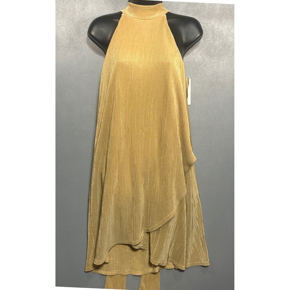 Moon River Gold Plisse Halter Mini Dress Open Tie Back High Neck MR2019 XS